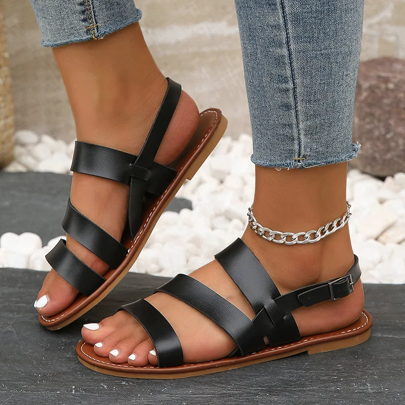 Women\'s Flat Sandals 2024 New Solid Color Open Toe Cross Strap Buckle Strap Anti-skid Summer Gladiator Sandals Sandalias Mujer