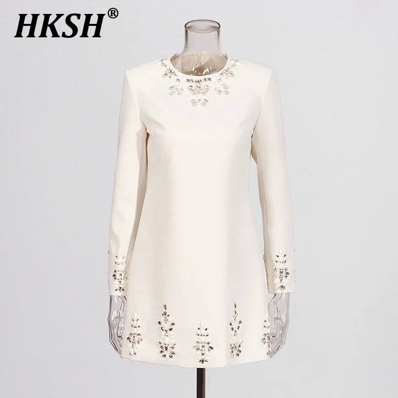 

HKSH Spring Summer New Women French Ins Trendy Elegant High-end Heavy Craft Diamonds O-Neck Long Sleeved Short Gown Dress HK6138