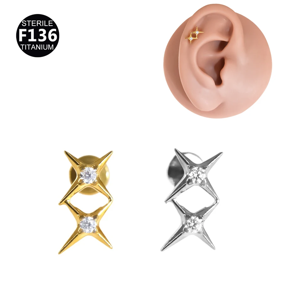 1Pc G23 Titanium 16G Double Star Larbet Stud Planet Internal Threaded Ear Cartilage Helix Traguse Peircing Body Jewelry