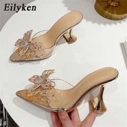 Eilyken Fashion Style Crystal Bowknot kobiety kapcie Sexy Pointed Toe dziwne obcasy PVC przezroczyste pompy sandały slajdy buty