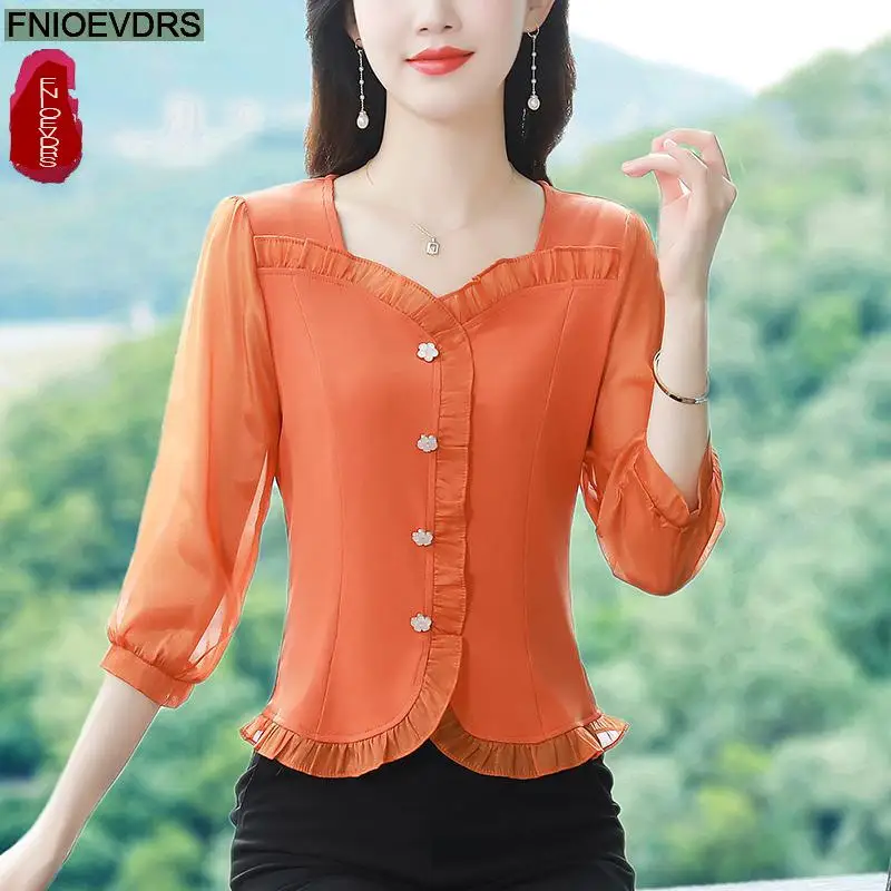 M-4XL 2024 Fashion Ruffles Button Tops Women Basic Wear Office Lady Square Neck Purple Elegant Retro Vintage Shirts Blouses