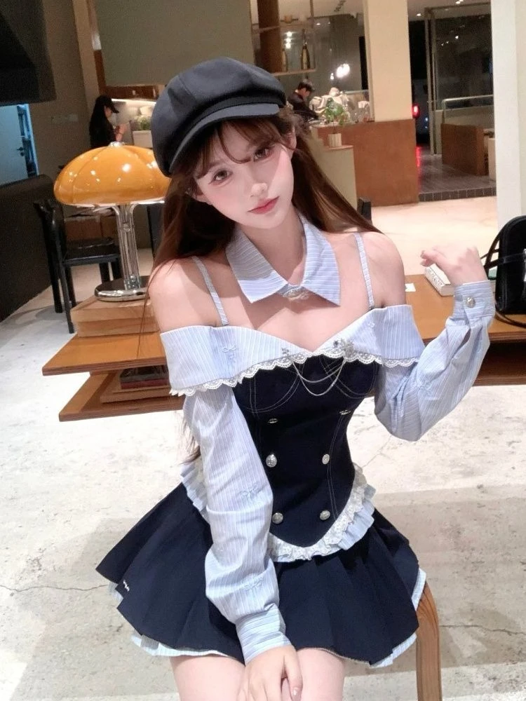Japanese Retro Lace Two Piece Set Sweet Off Shoulder Tops + Short Pleated Skirt Women 2025 Autumn Harajuku Fashion Outfits New image 4