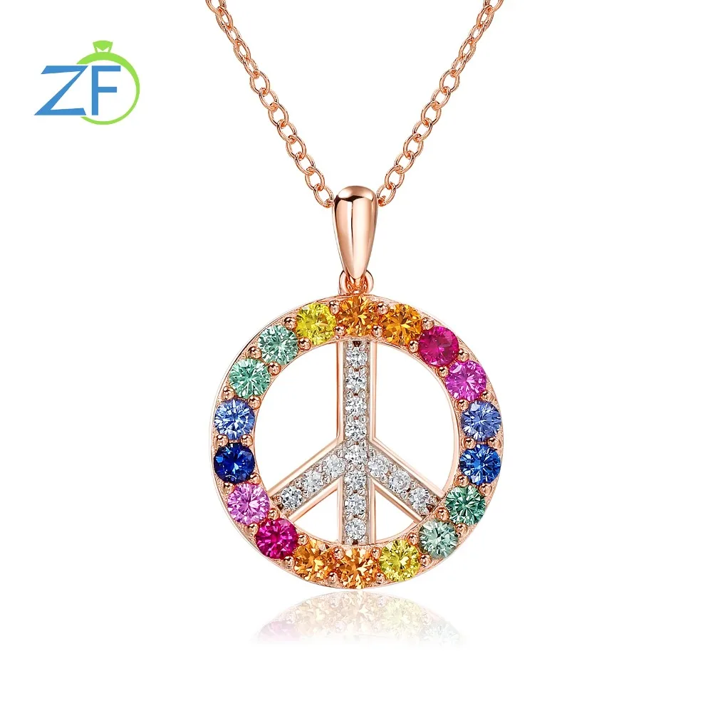 

GZ ZONGFA 1.7ct Gemstone Rose Gold Necklace 925 Hippie Sterling Silver Colorful Peace Sign Necklace for Women Fine Jewelry