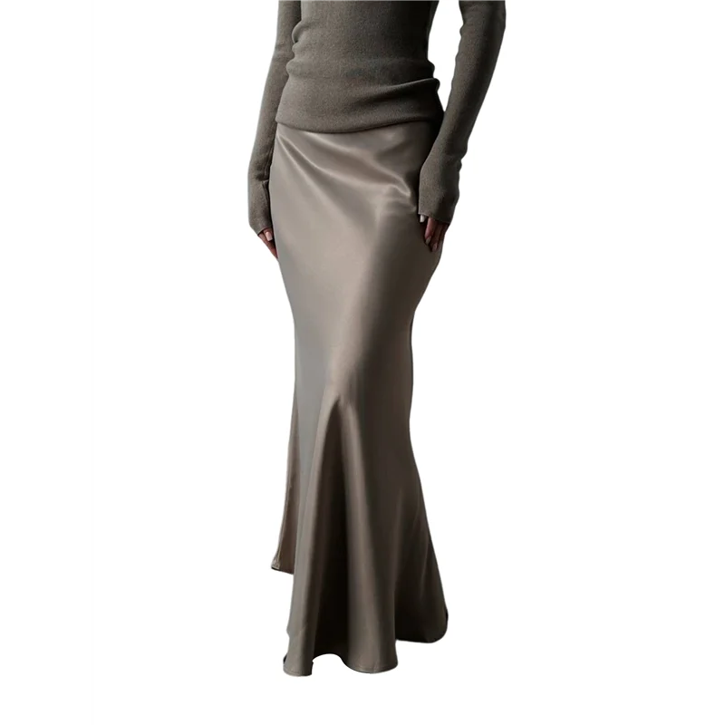 

Women's Satin High Waisted Maxi Skirts Zip A Line Long Skirt-A55G