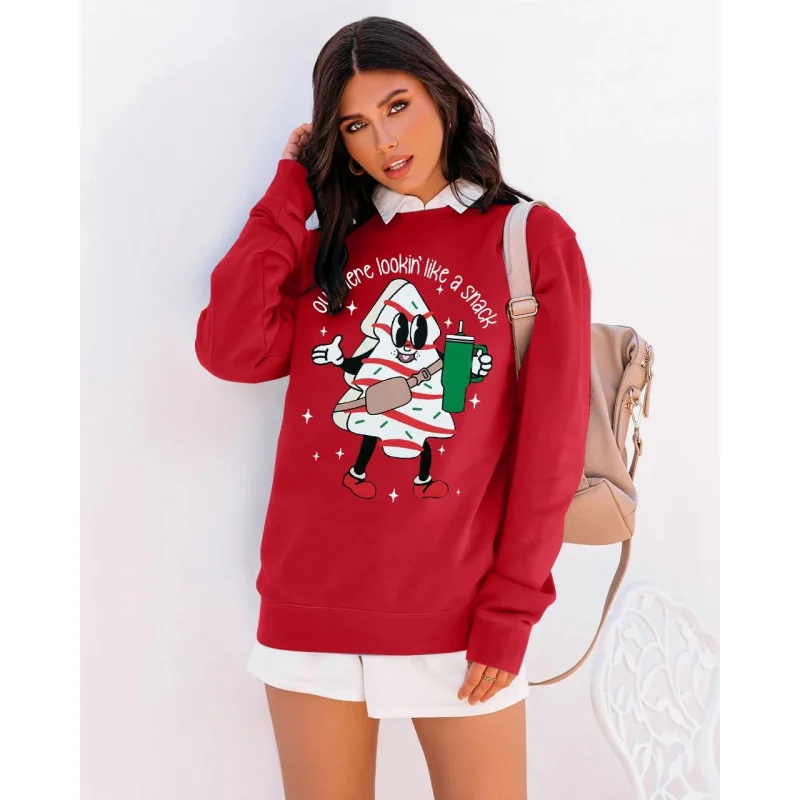 Camisa deportiva navideña de manga larga para mujer, jersey con patrón de árbol de Navidad, top informal para vacaciones de Navidad