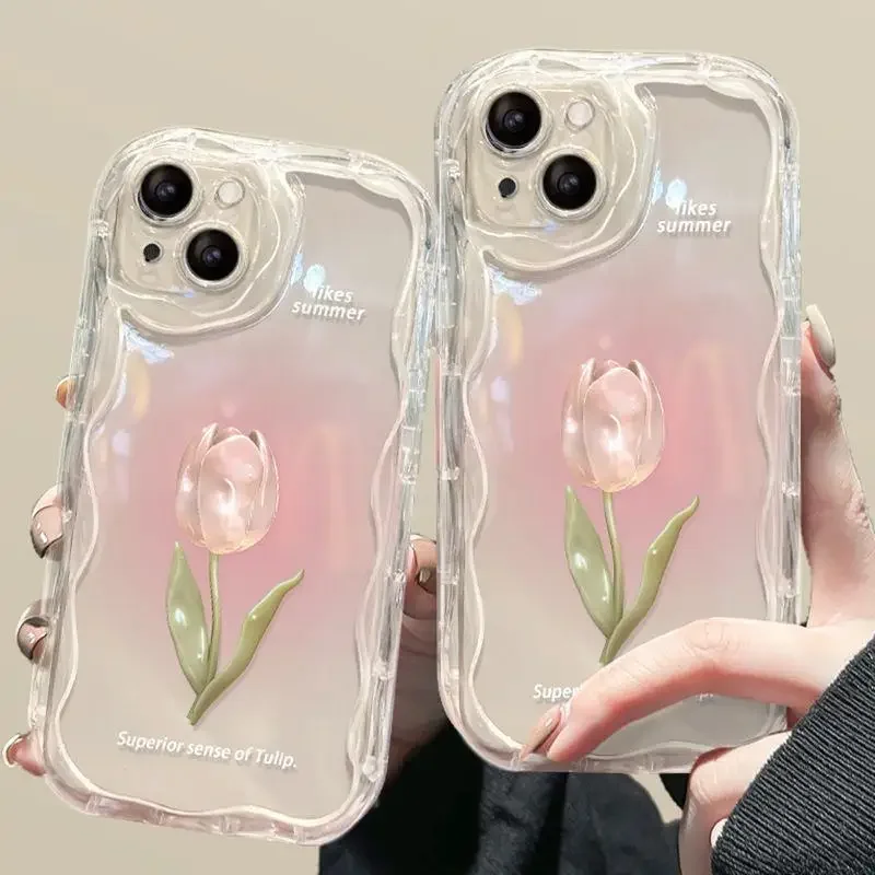 Clear Pink Peach Cherry Rose Wavy Phone Case for Samsung S24 S23 S22 Ultra S20 FE S21 Plus A55 A54 A35 A14 5G Soft Cover Fundas