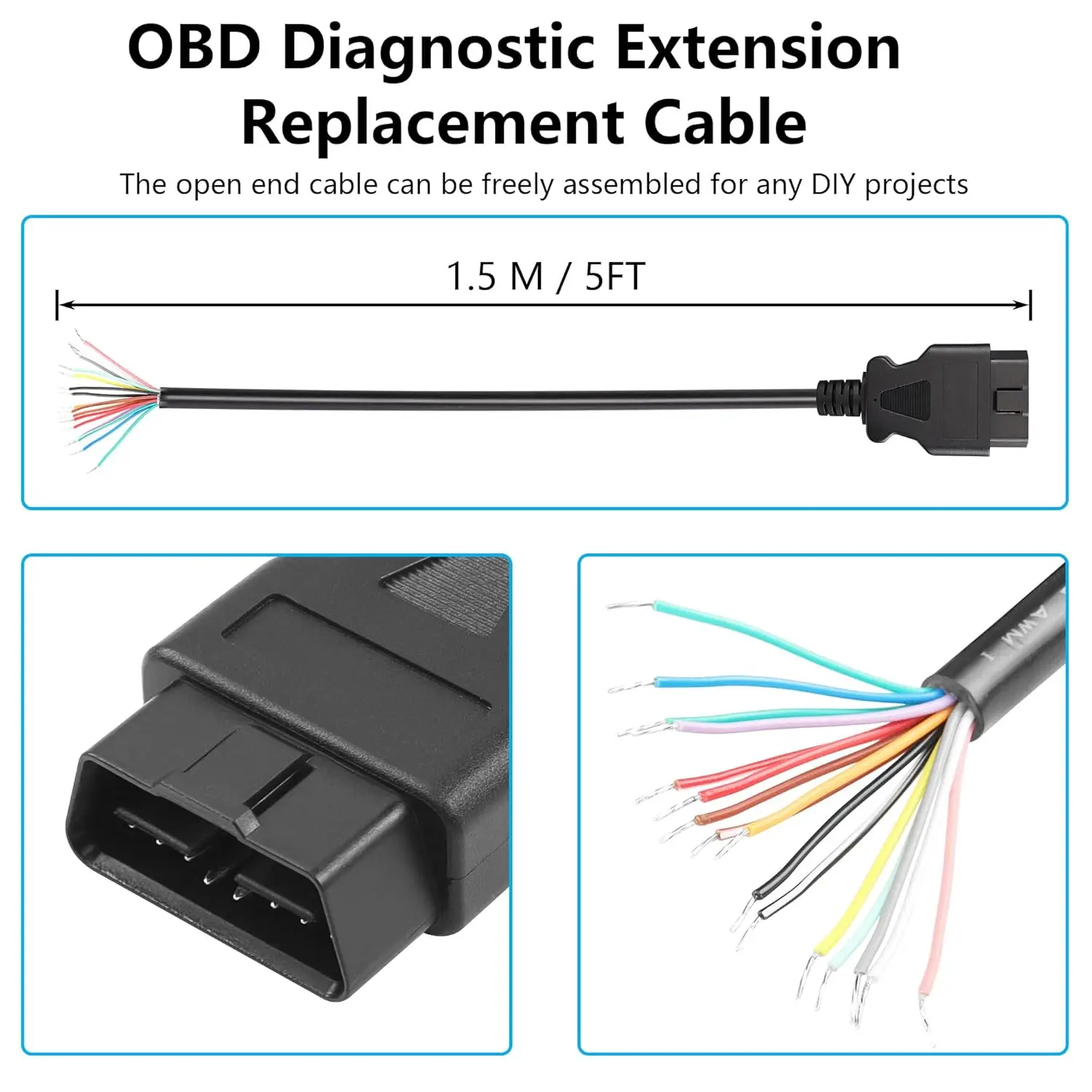 3/2/1.5/0.3 Meters OBD2 OBD II Car Extension Cable Connectors 16PIN Male To Female Connector For Auto ELM327 Connector Interface view 4