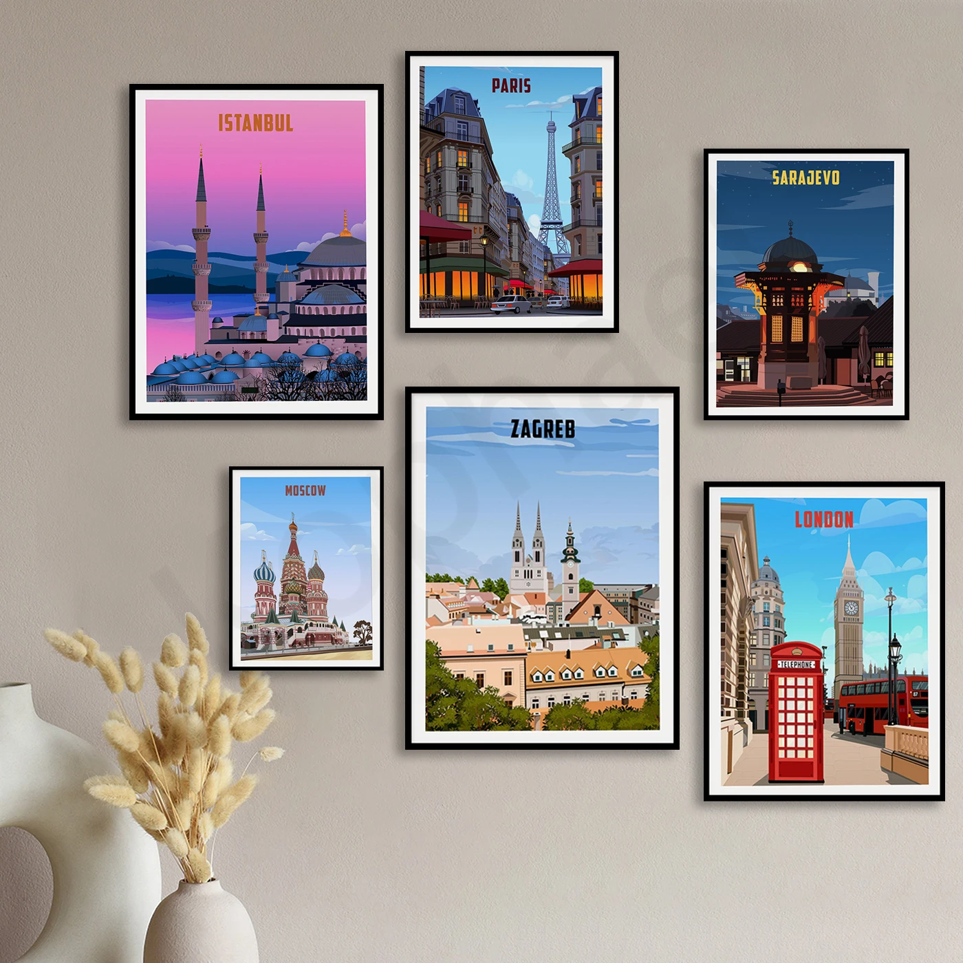 Saint Tropez Istanbul Zagreb Monaco Athens Moscow London Milan Tuscany Salzburg Paris Sarajevo. City Travel Landscape Poster