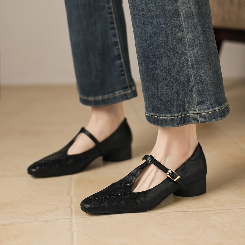 Women's New Spring and Autumn Genuine Leather Sheepskin Metal Belt Buckle Mid Heel Large Mary Jane Shoes Fashion Single Shoes