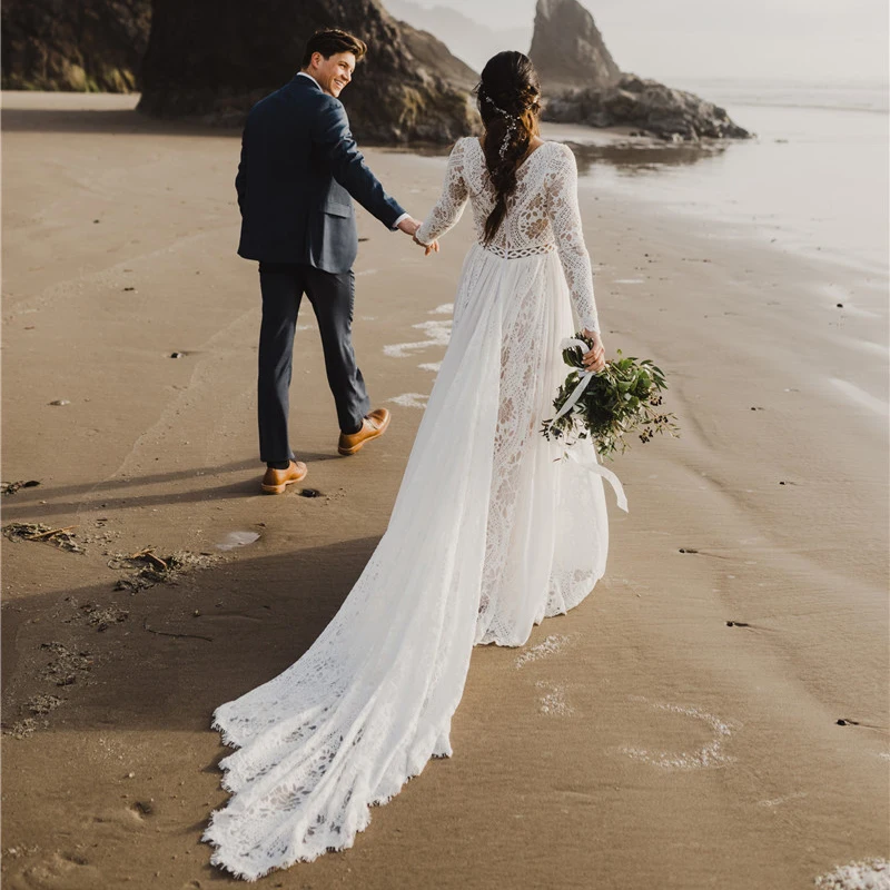 Hippie Boho Beach Elopement Backless trouwjurk chiffon op maat gemaakte lange mouwen groot formaat fotoshoot V-hals kanten bruidsjurk