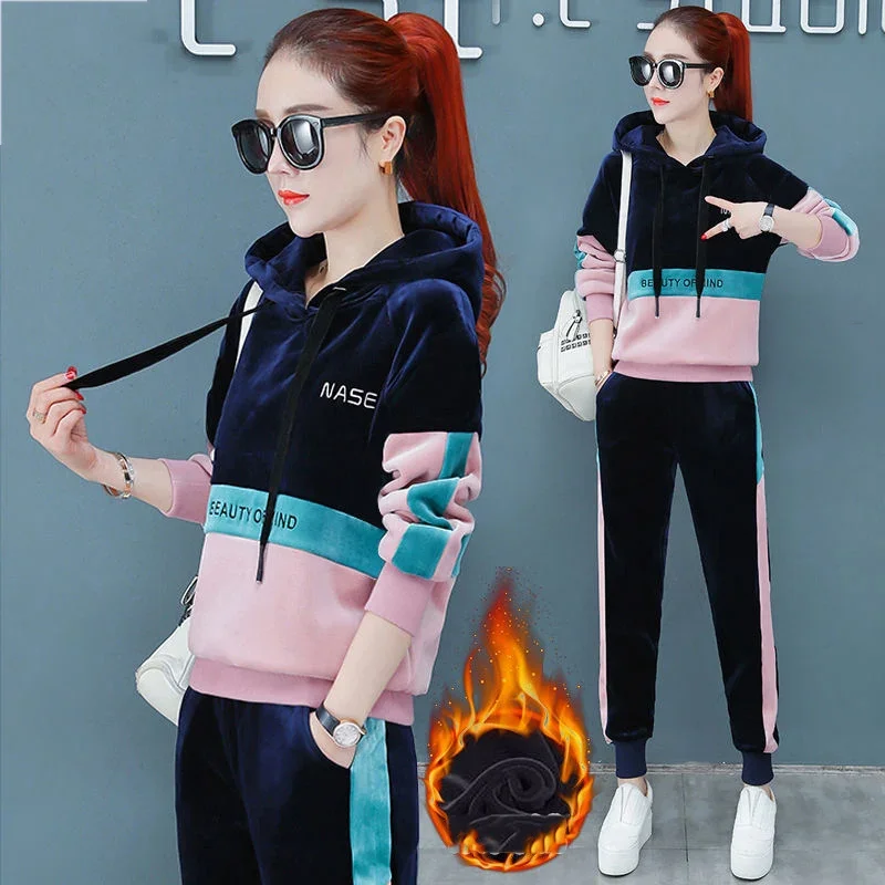 

Warm Velvet Tracksuit Women 2 Piece Suit Casual Loungewear Fall Winter Thick Loose Spliced Pullover Hoodie And Sweatpants Set