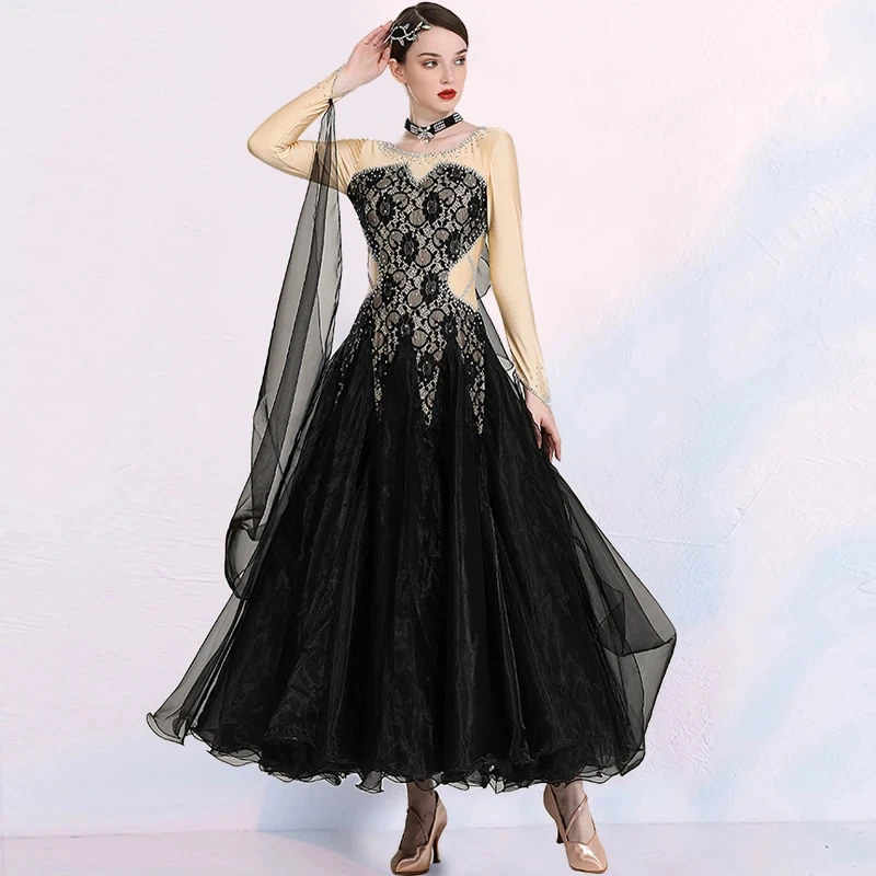 

Plus Size Lace Spliced Boat Neck Long Sleeves Women Ballroom Dance Competition Dress Waltz Tango Dress Waltz Dance Clothes