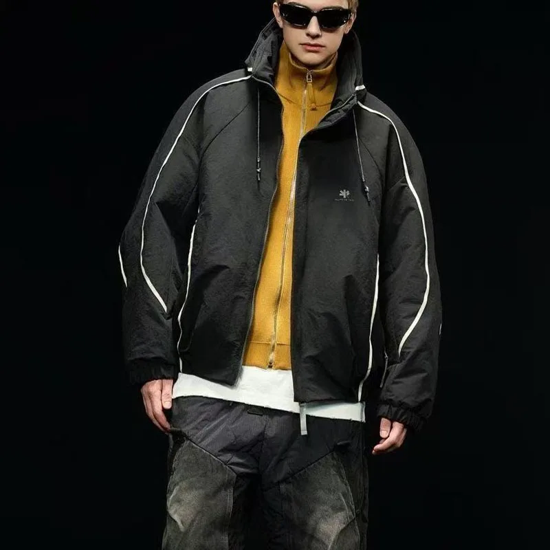 

Retro American Hooded 90 Du down Jaet Winter Men Loose Splicing Warm Outerwear Nylon Fabric Windproof Elastic Seal