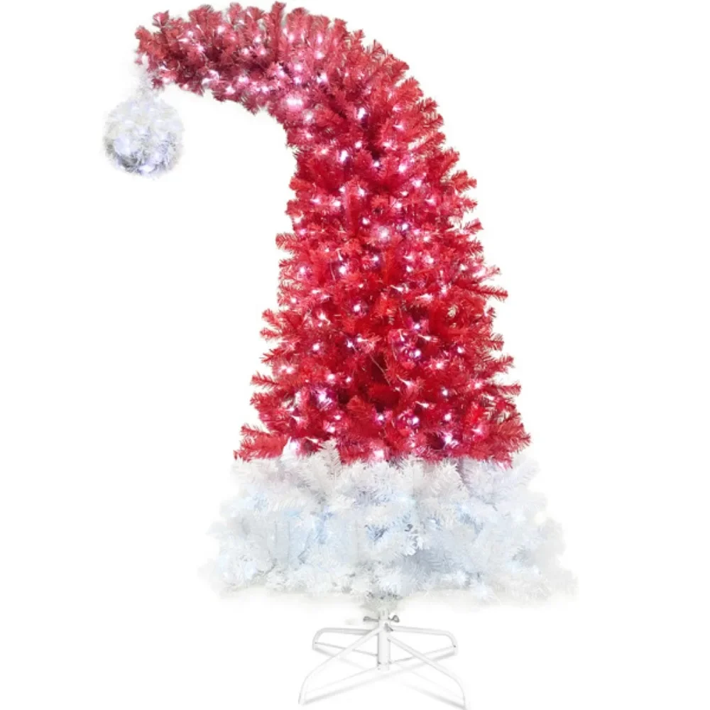 6 Foot Artificial Fir Curved Top Christmas Tree, Christmas Tree Bendable Santa Hat Style, 1250 Lush Branch Tips, 300 LED Lights