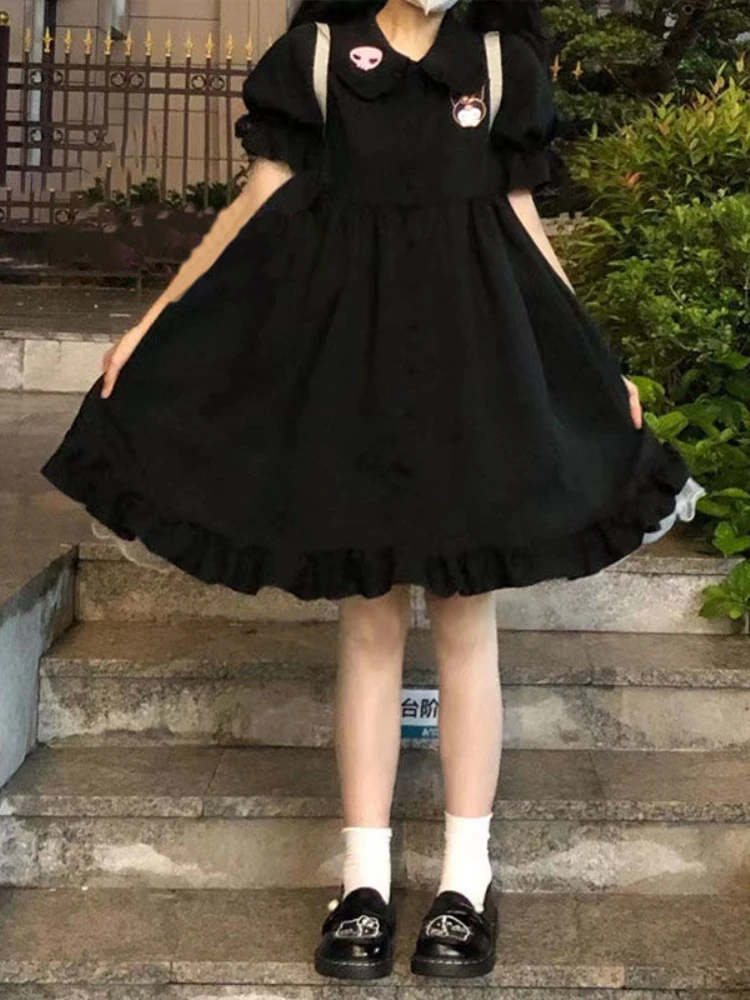 

HOUZHOU Kawaii Summer Dress Black Preppy Style Short Dress Women 2022 Cartoon Embroidery Lolita Sundress Ruffle Peter Pan Collar