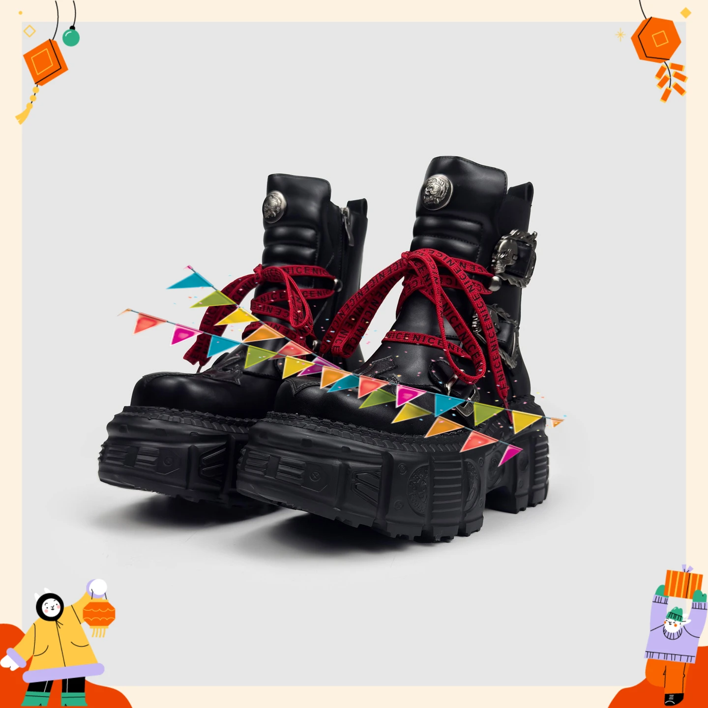 Brand Shorty Le Platform Muffin Short Men's and Women's Same Heavy Metal Black and Red Chelsea Boots
