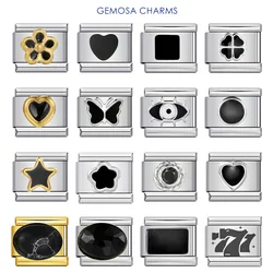 GEMOSA Fashion Black Heart Round Ellipse Butterfly Star Italian Charm Link Fit 9mm Stainless Steel Bracelet DIY Making Beads