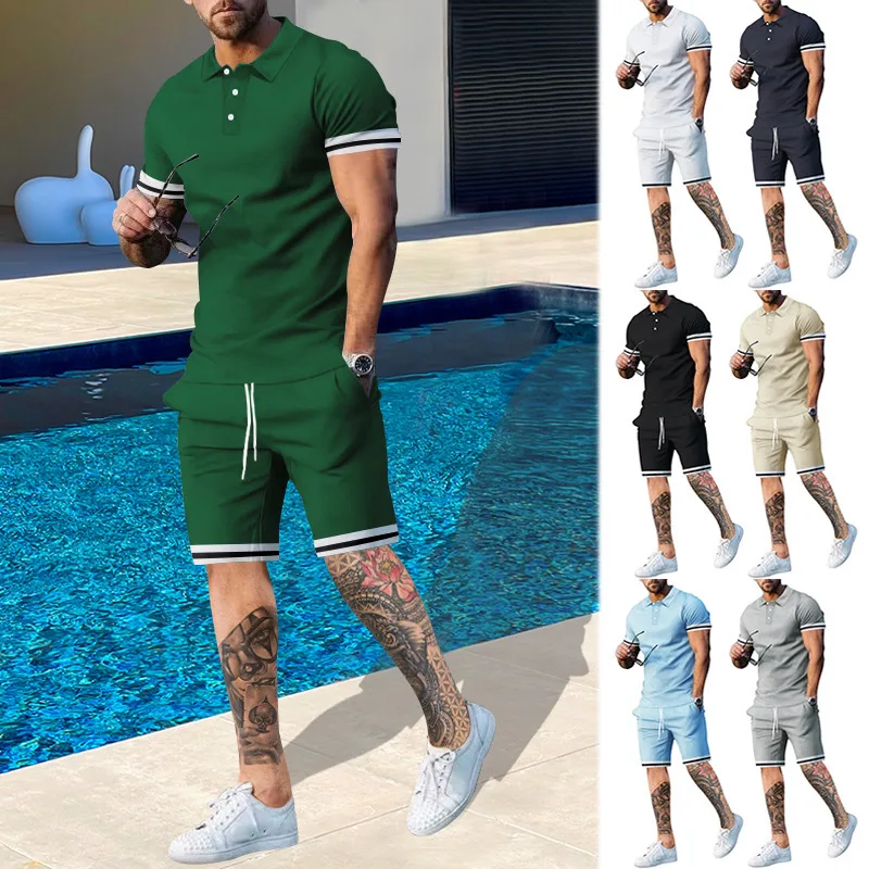 

Men's Summer Sportswear ort Sve orts Set Casual Cotton Blend Fabric Two-Piece Suit Ideal for Cross-Border E-commerce