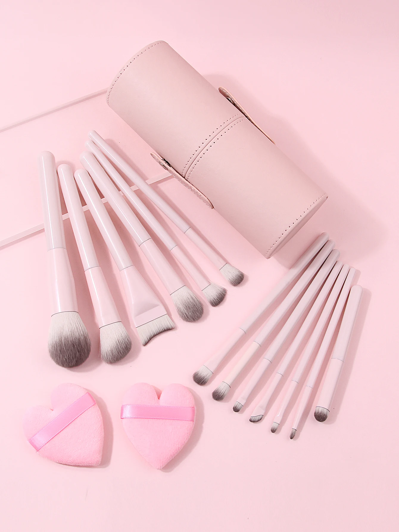 16PCS Soft Pink Makeup Brush Set with Storage Holder & 2 Makeup Puff, Professional Face Eye Cosmetic Tools for Women & Beginners