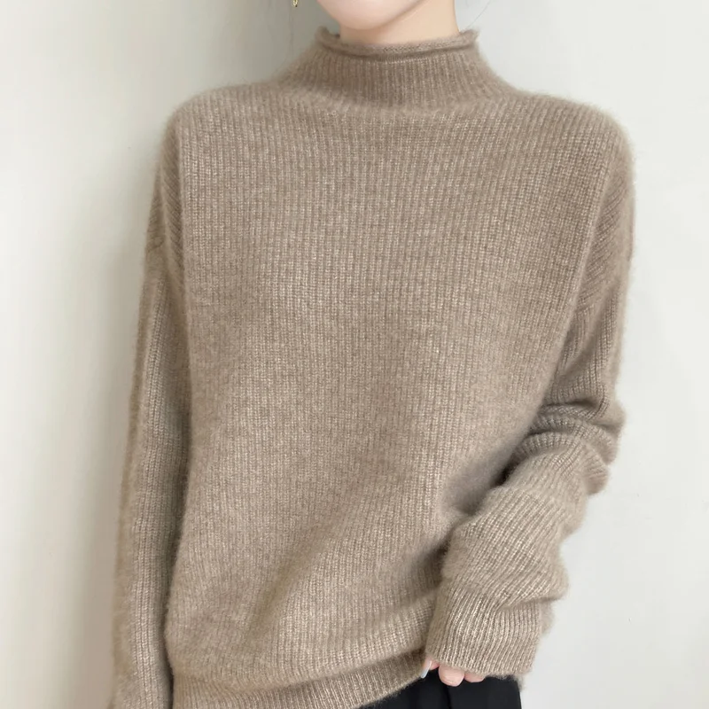 New Women's Classic 100% Pure Wool Pullover Long Sleeve Half High Collar Casual Fashion Basic Sweater High Quality Knitted Top