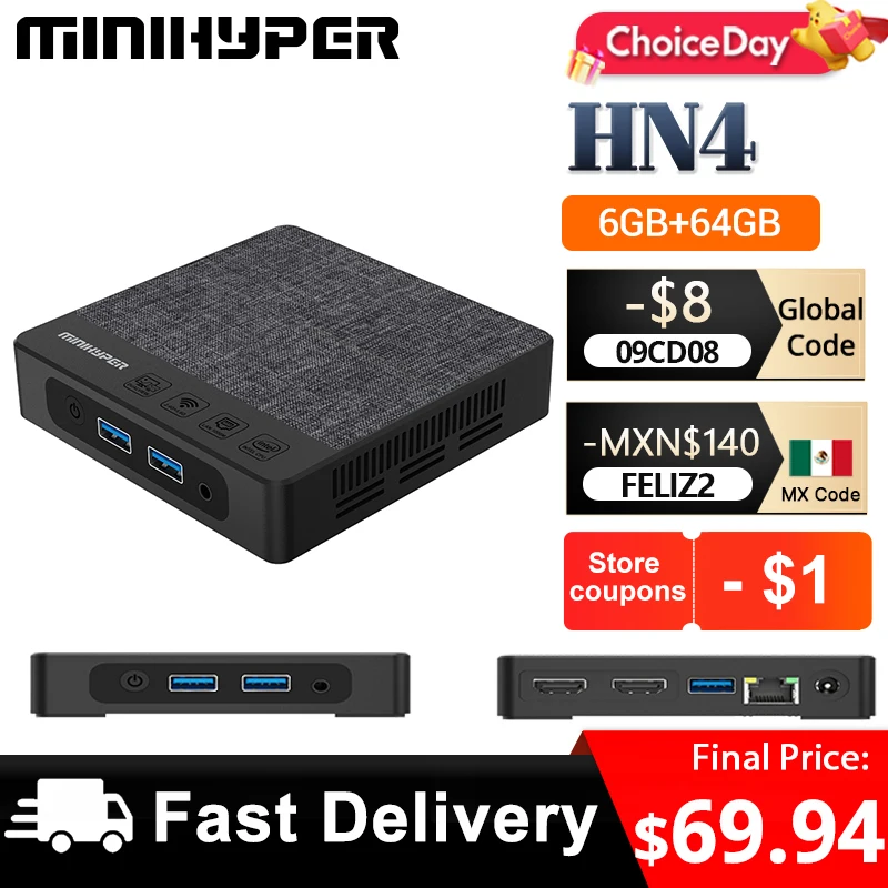 MiniHyper HN4 Mini PC Intel Gemini Lake N4020C CPU 6GB LPDDR4 64GB EMMC USB3.0 HDMI Audio Jack HP & MIC 3.5mm RJ45 1000M