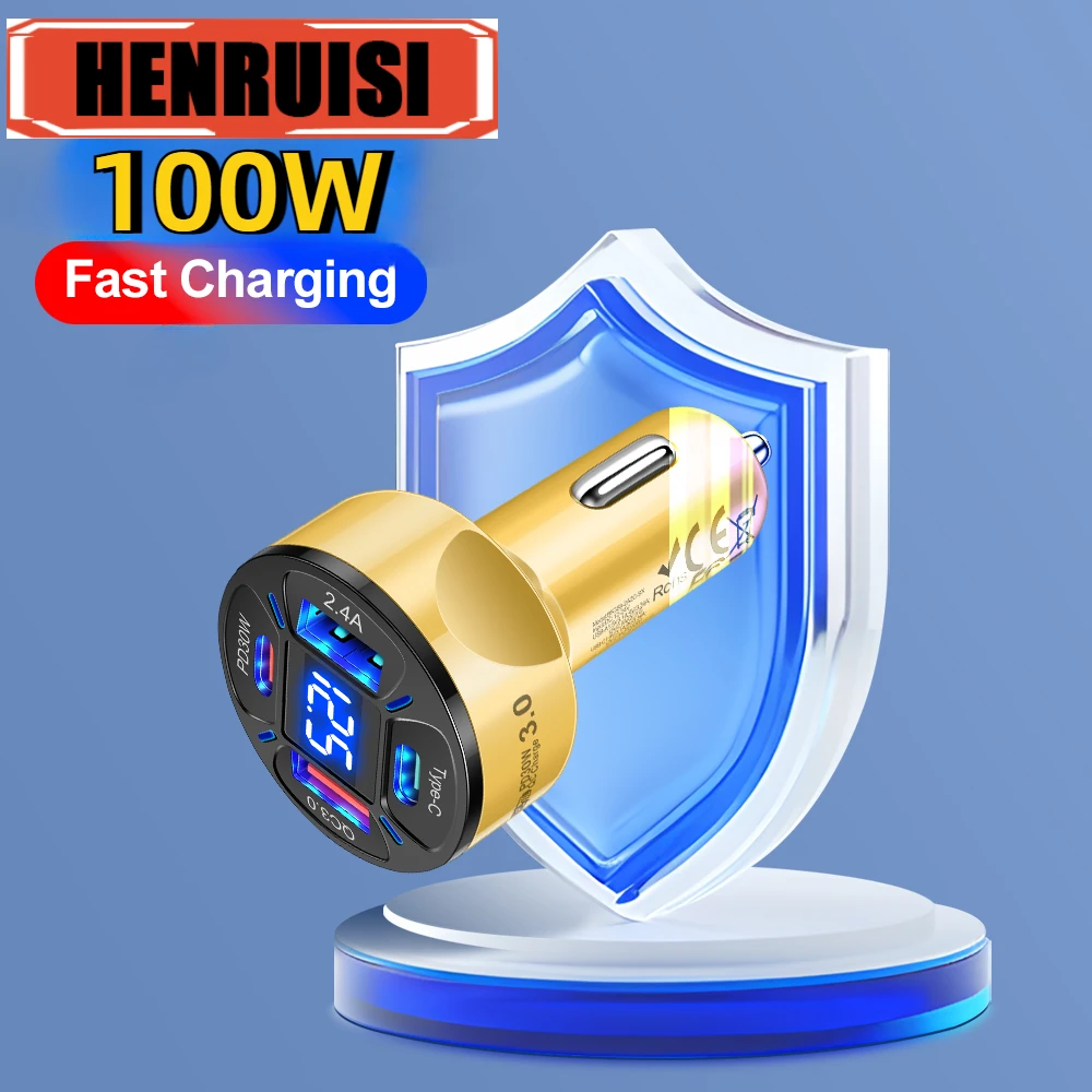 

100W USB Charger Fast Mobile Phone Charging Digital Display Type C Adapter in Car For iPhone Xiaomi Huawei Samsung Car Charger