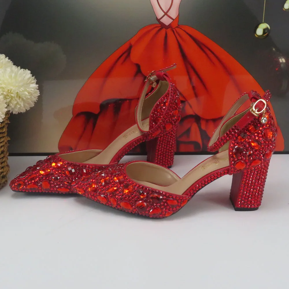 Red Crystal Bridal Wedding shoes and bag Woman Thick Heel High Pumps Party Evening shoes Shallow Ankle Strap Buckle shoe