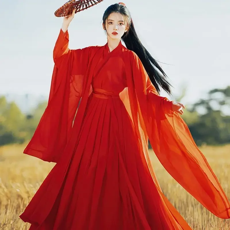 ชุด Hanfu ขนาดใหญ่ XL ชุดจีนโบราณแบบดั้งเดิมสำหรับผู้หญิงชุดคอสเพลย์ผู้หญิงงานคาร์นิวัลสีแดงและสีขาวชุดเดรสเต้นรำ Hanfu