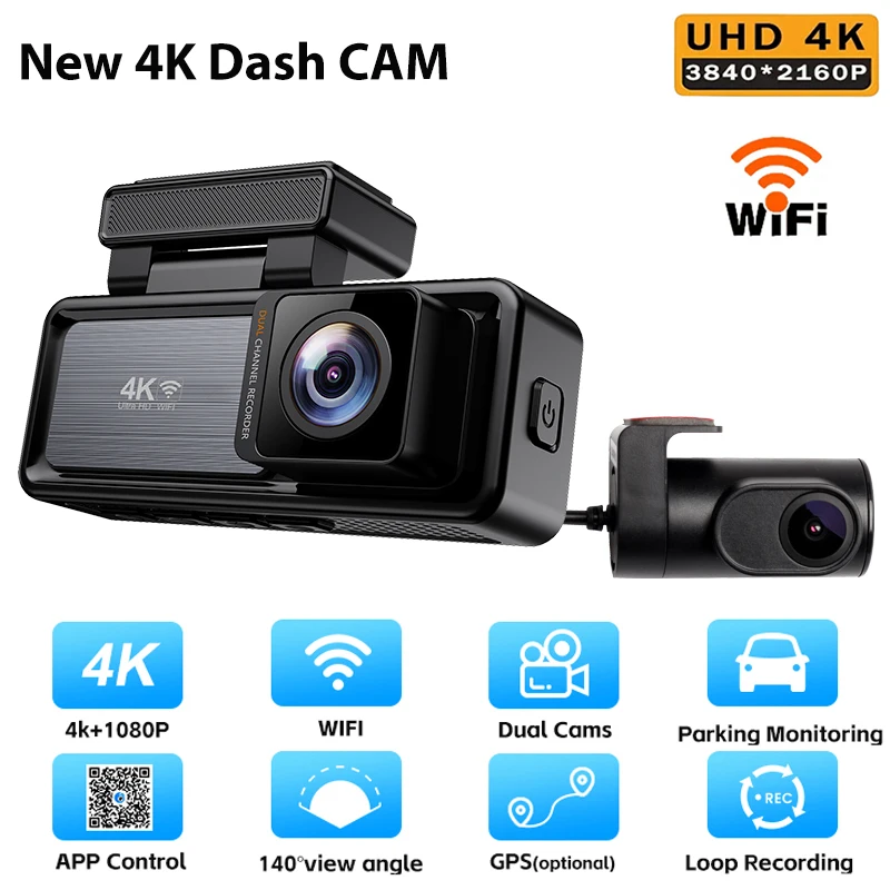 Ultra HD 4K Front and 1080P Rear Dash Cam with Wi-Fi, G-Sensor, Night Vision, Reverse View, 24H Parking Monitor function