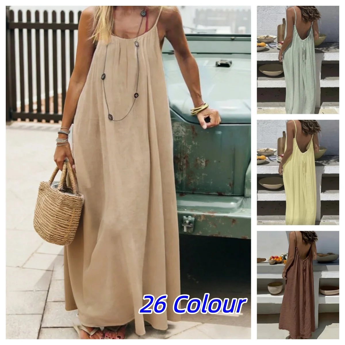 

2026 Loose-Fit Spaghetti Strap Clean Fit Women's Casual Homewear Summer Solid-Color Vacation Cool Homewear Slow Fashion Dresses