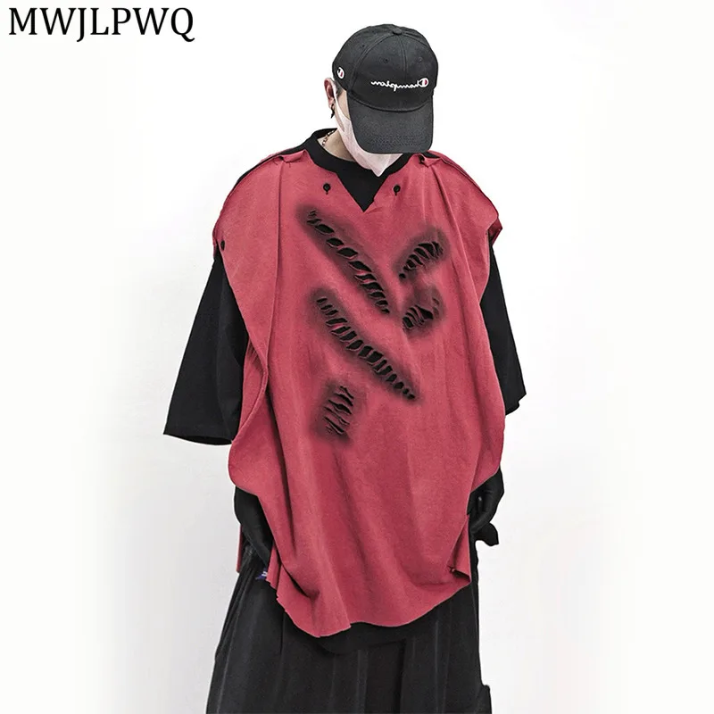 

MWJLPWQ High Street поддельная двухсекционная футболка мужская в стиле хип-хоп модная свободная посадка винтажные мужские повседневные топы с пятью рукавами Tide 11615