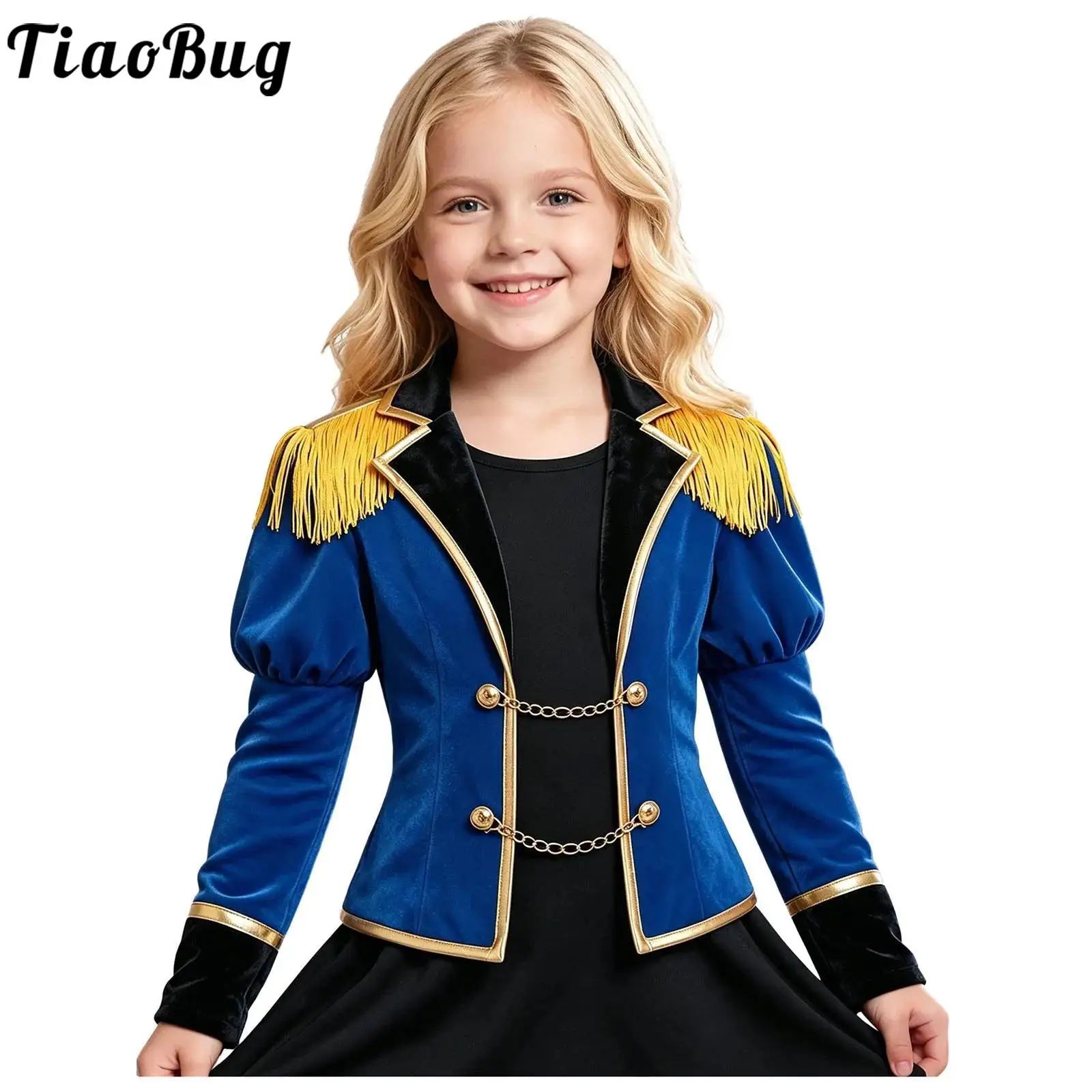 Kids Girls Halloween Circus Ringmaster Costume Long Puff Sleeve Fringe Epaulet Metal Chain Jacket coat for Drummer Performance