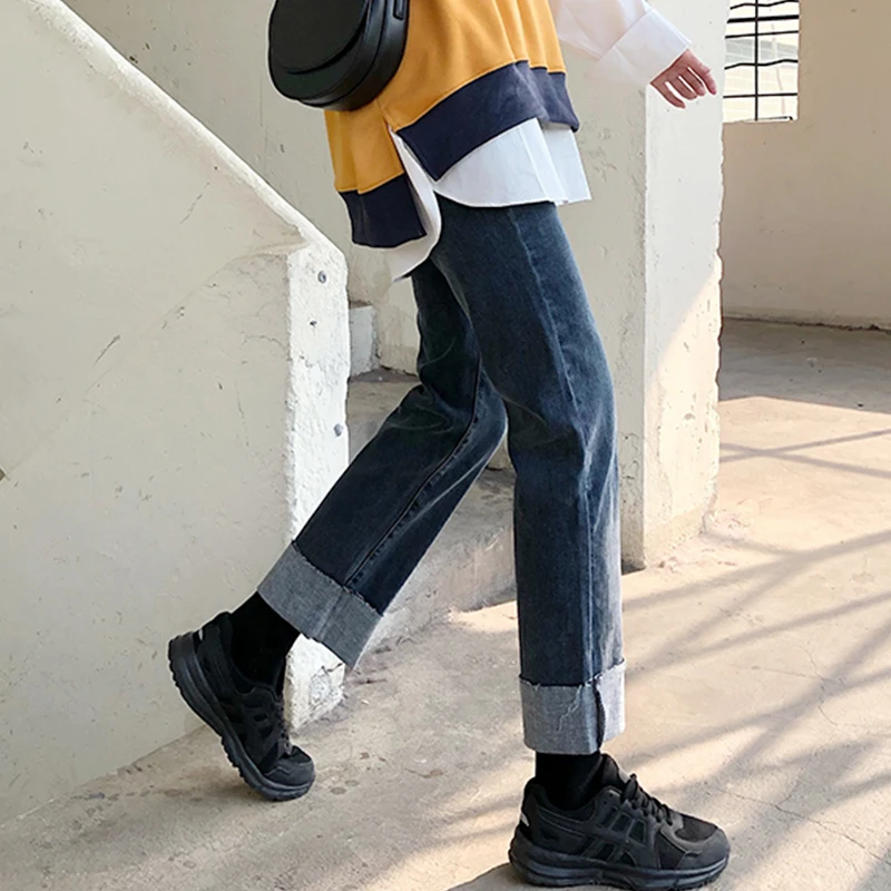 

Женские джинсы свободного кроя с высокой талией, эластичные прямые брюки, свернутый подол, большие размеры, модное осеннее новое поступление