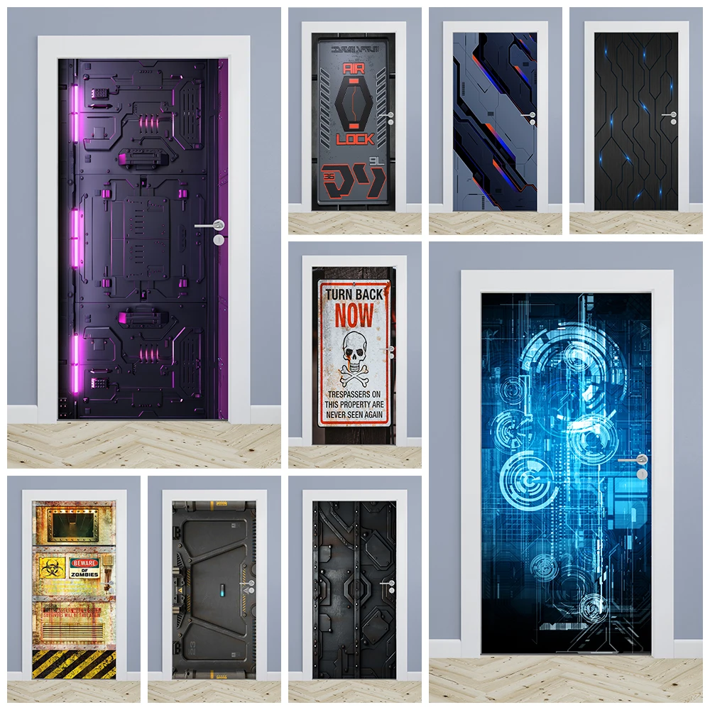 

Modern Technology Spacecraft Metal Gate Door Sticker Self Adhesive Hitech Abstract Lines Poster for Boy's Room Door Art Decals