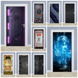 Adesivo per porta in metallo per navicella spaziale con tecnologia moderna Poster autoadesivo con linee astratte Hitech per decalcomanie artistiche per porta della camera del ragazzo