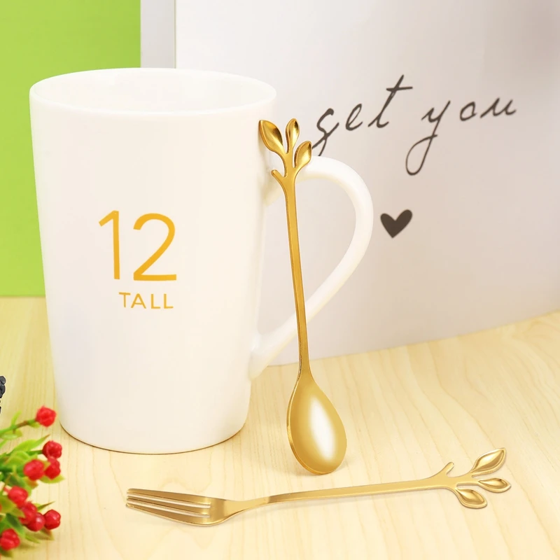 5Spoon+5Forks Stainless Steel Leaf Coffee Cake Spoon Fork Dessert Spoons, Stirring Teaspoon Set Golden