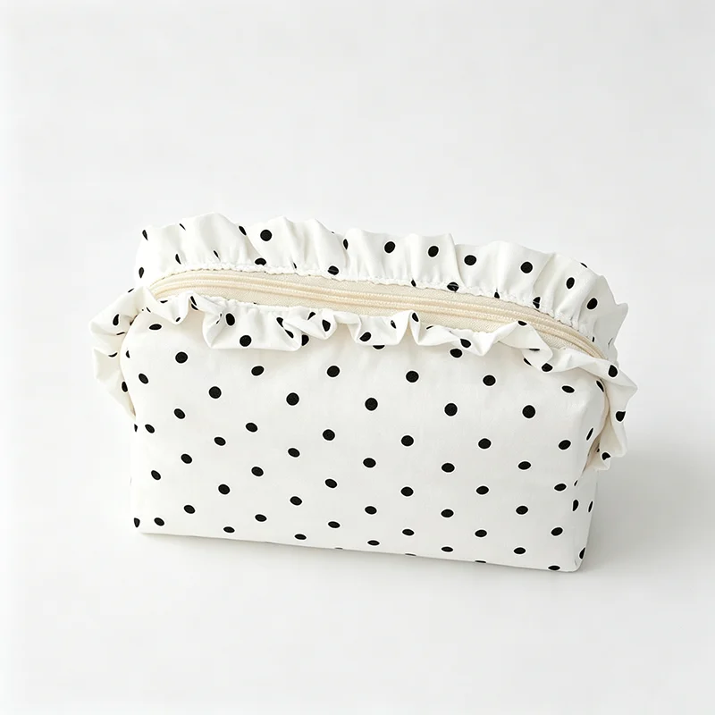 Sweet Ruffle Edge Black White Red Polka Dot Makeup Bag Ladies Large Capacity Portable Travel Skincare Cosmetic Organizer Pouch