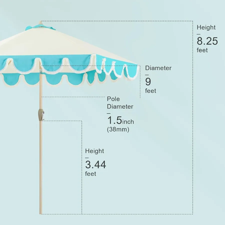9ft Scalloped Beige Spliced Blue Patio Umbrellas with Fringe for Outdoor Garden and Deck Use WaterResistant and Fade Resistant