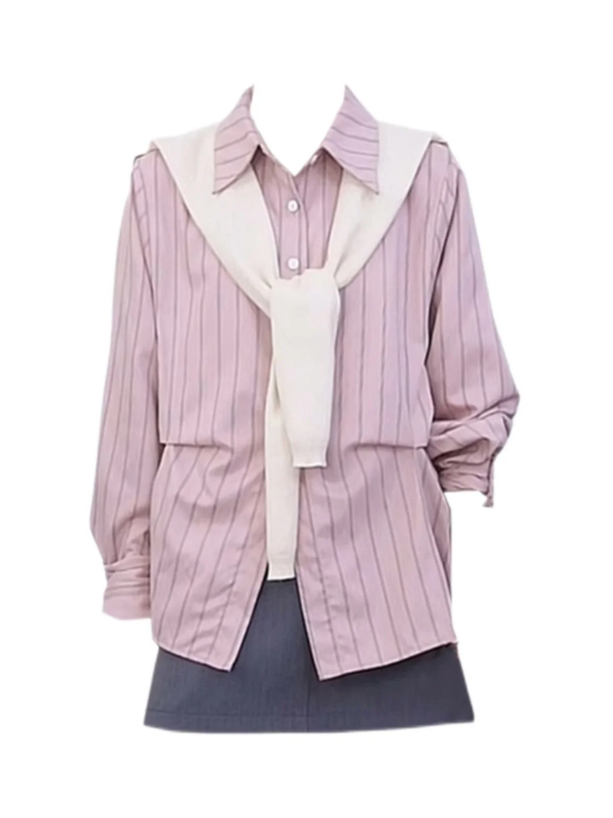 

plus Size Pink Striped Long Sve irt And ey High Waist Skirt Set Women's Faion Spring Outfit Two Piece Ensemble