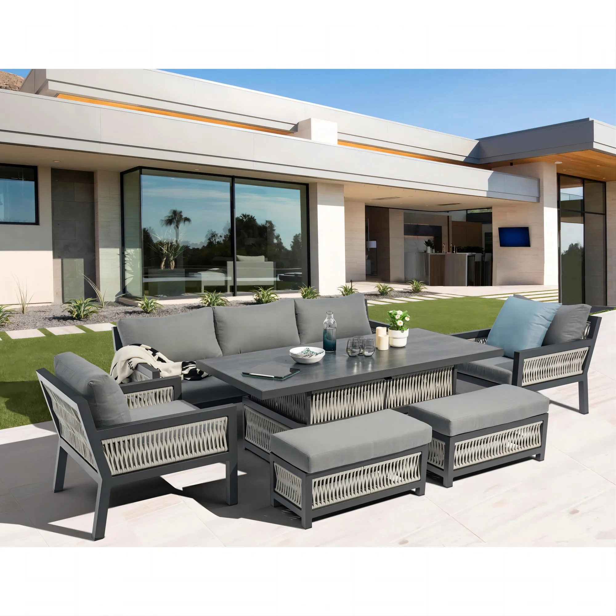 Garden Wicker Sofa Exterior AUDU Luxury Grey Aluminum Rattan Set Aluminum 9 Seat Outdoor Dinning Set With Lift Coffee Table