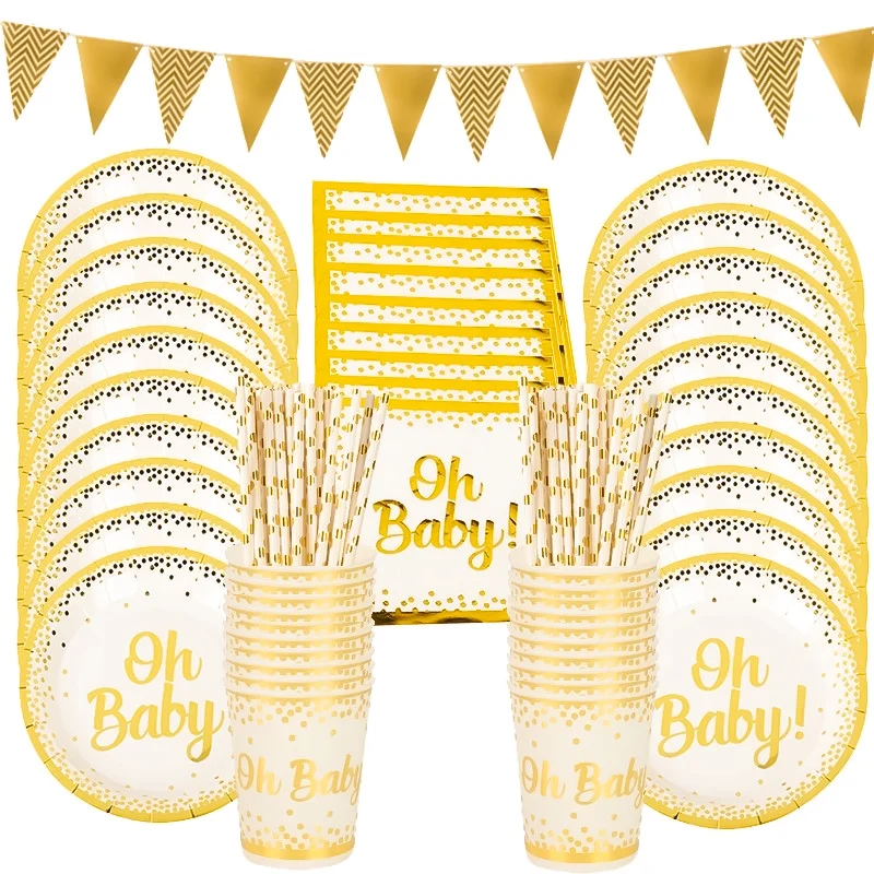 Gold Oh Baby Disposable Tableware Set Paper Plates Cups Napkins Birthday Party Decor Baby Shower Event Party Supplies