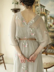 Summer Original Design Women Mori Kei Sweet Floral Embroidery Beading Vintage V-neck Grey Dresses