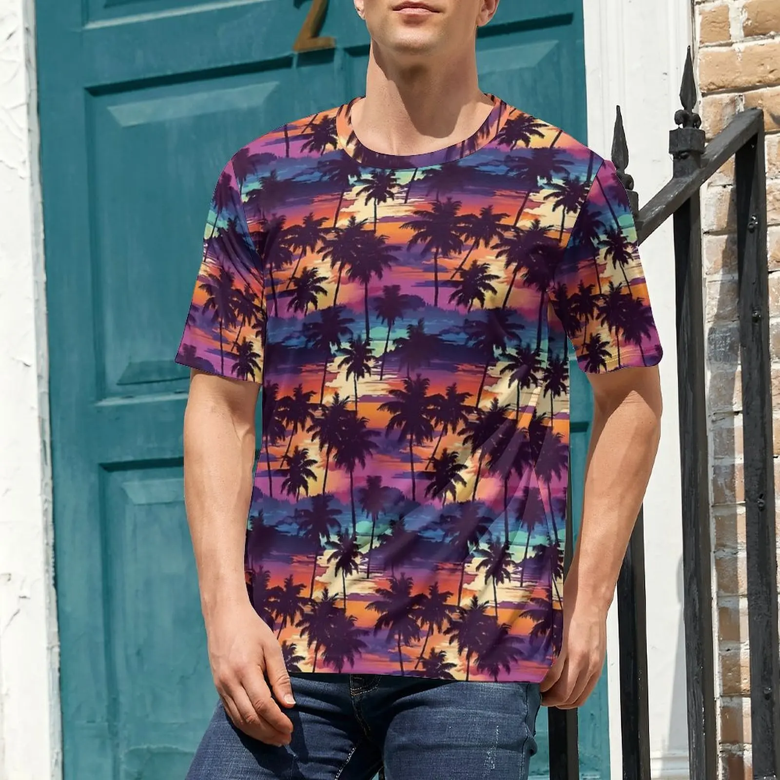 Men Hawaiian Sunset Palm Trees T Shirt  Popular T-Shirts Short-Sleeve Custom Tops Cheap Summer Streetwear Plus Size Top Tees