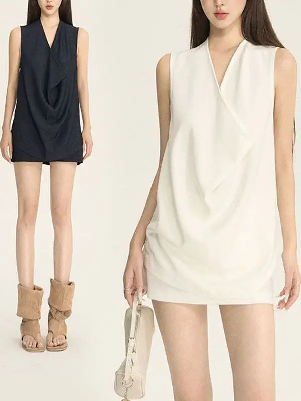 

Ladies Summer Slim Fit Tank Top And Skirt Set French Sle Loose Fit Turn-down Collar Vest Wide Waist Belt f-length Skirt