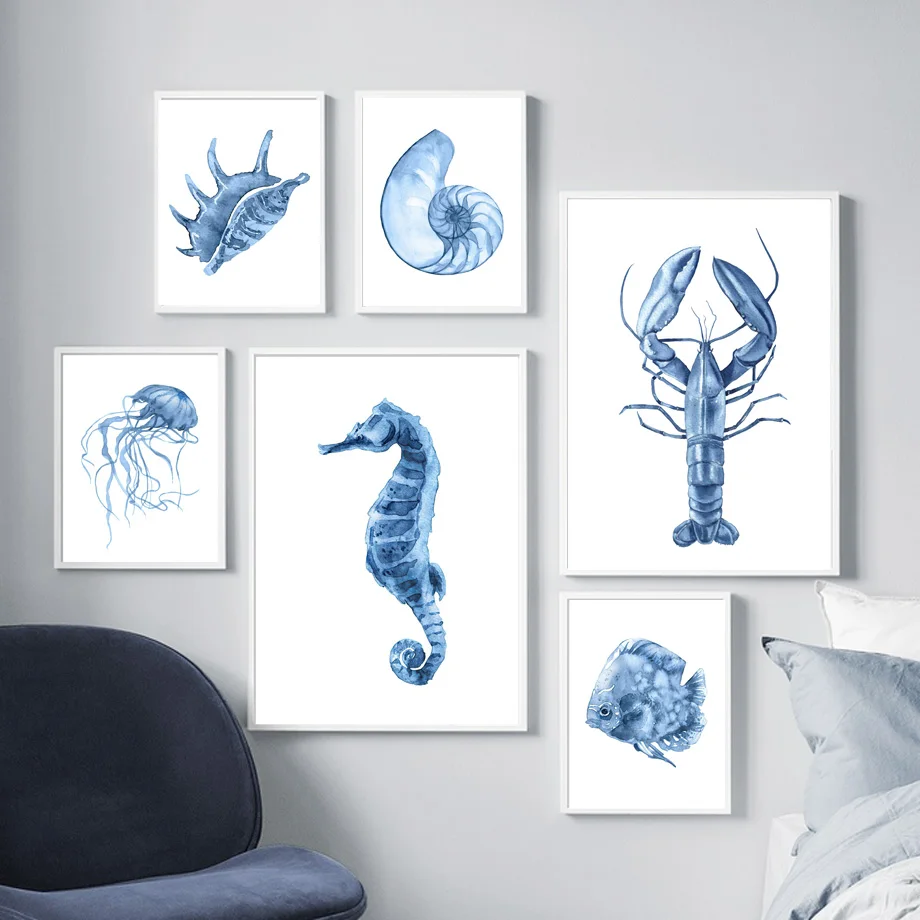 Blue Crab Lobster Starfish Ocean Life Posters Watercolor Sea Animal Wall Art Print Canvas Painting Modern Room Home Decoration