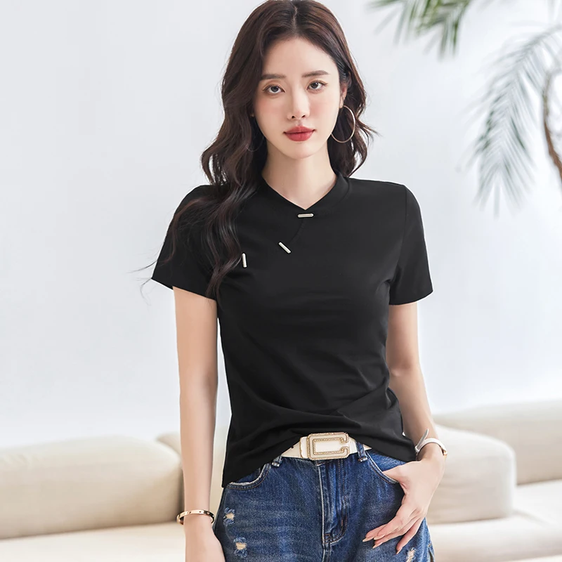 Kaus katun leher O wanita, atasan kasual lengan pendek warna polos kancing depan gaya China