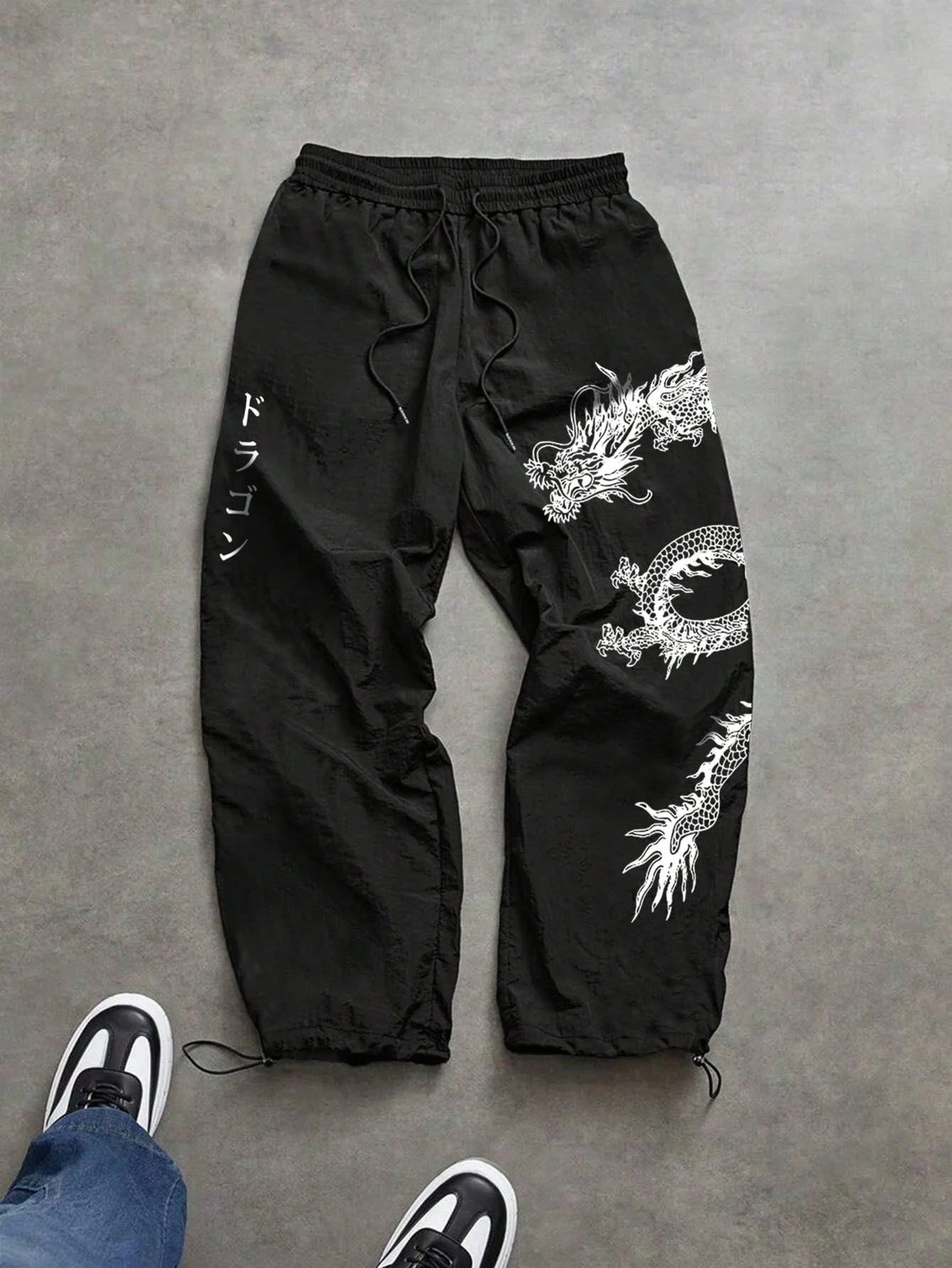 Men's Spring Summer Dragon Print Baggy Nylon Pants, Streetwear Joggers for Gym Workout & Casual Daily Wear, Black & Blue