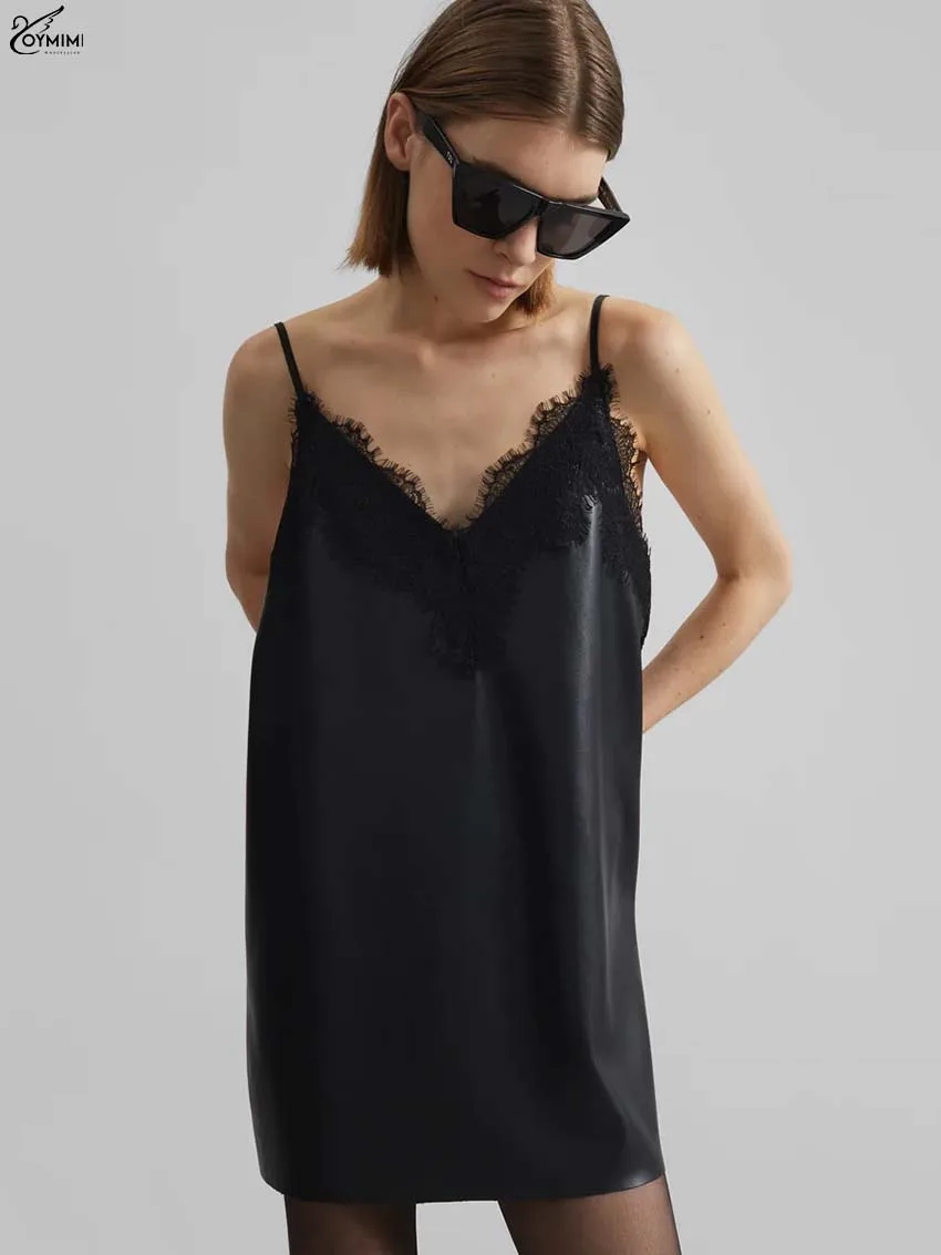 Oymimi élégant noir Pu robes en cuir 2025 femme mode Spaghetti sangle dentelle dos ouvert robes décontracté droite Mini robe
