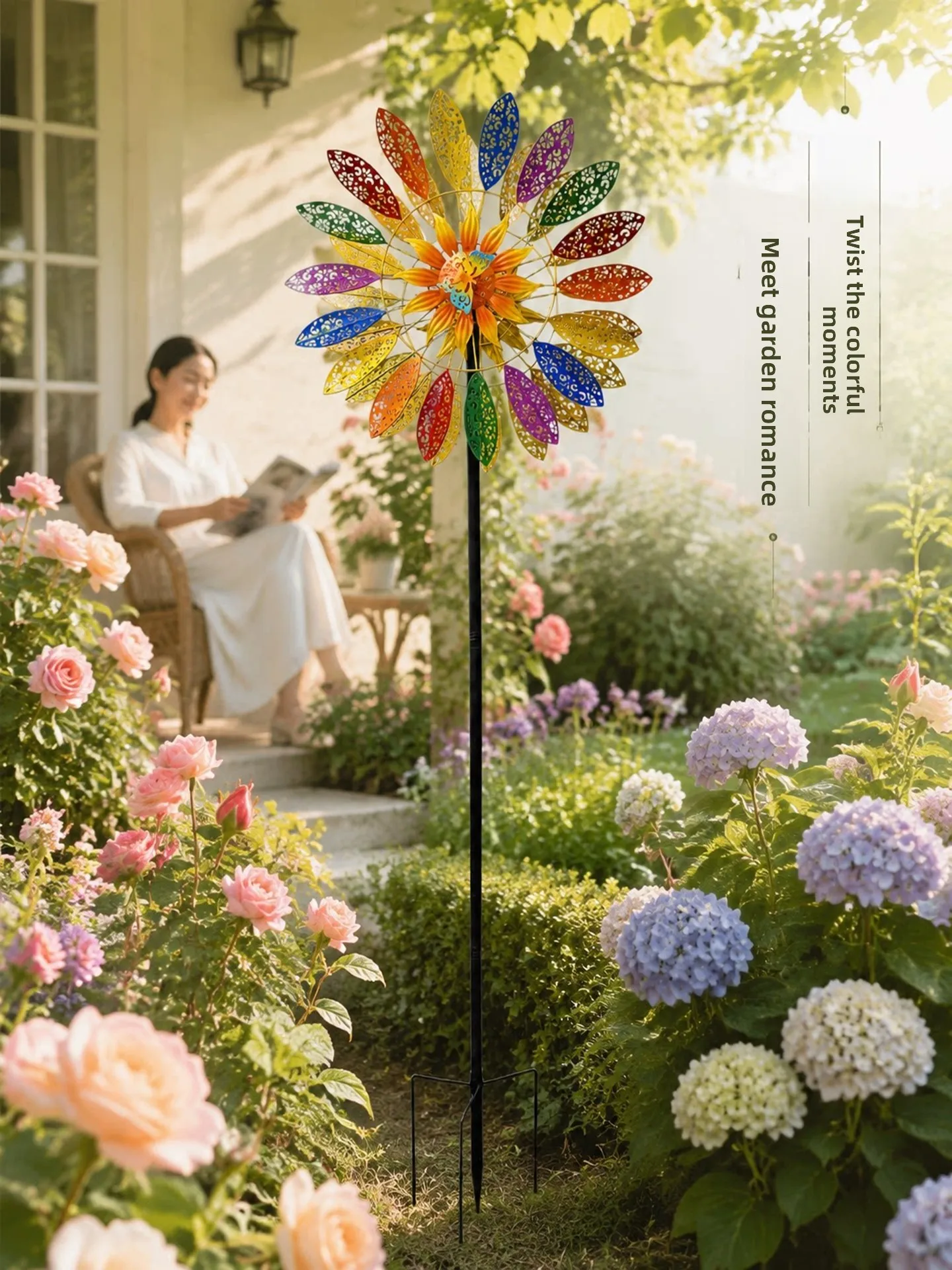 Outdoor Decorative Solar Powered Windmill Iron Art Painted Sunflower Garden Lawn Villa Decoration Ground Plug-In Ornament