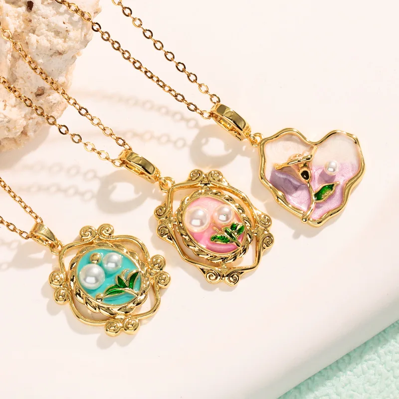 2026 New European and American Art Retro Garden Pendant Necklace with Colored Drip Oil Pearl Color Preserving Accessories